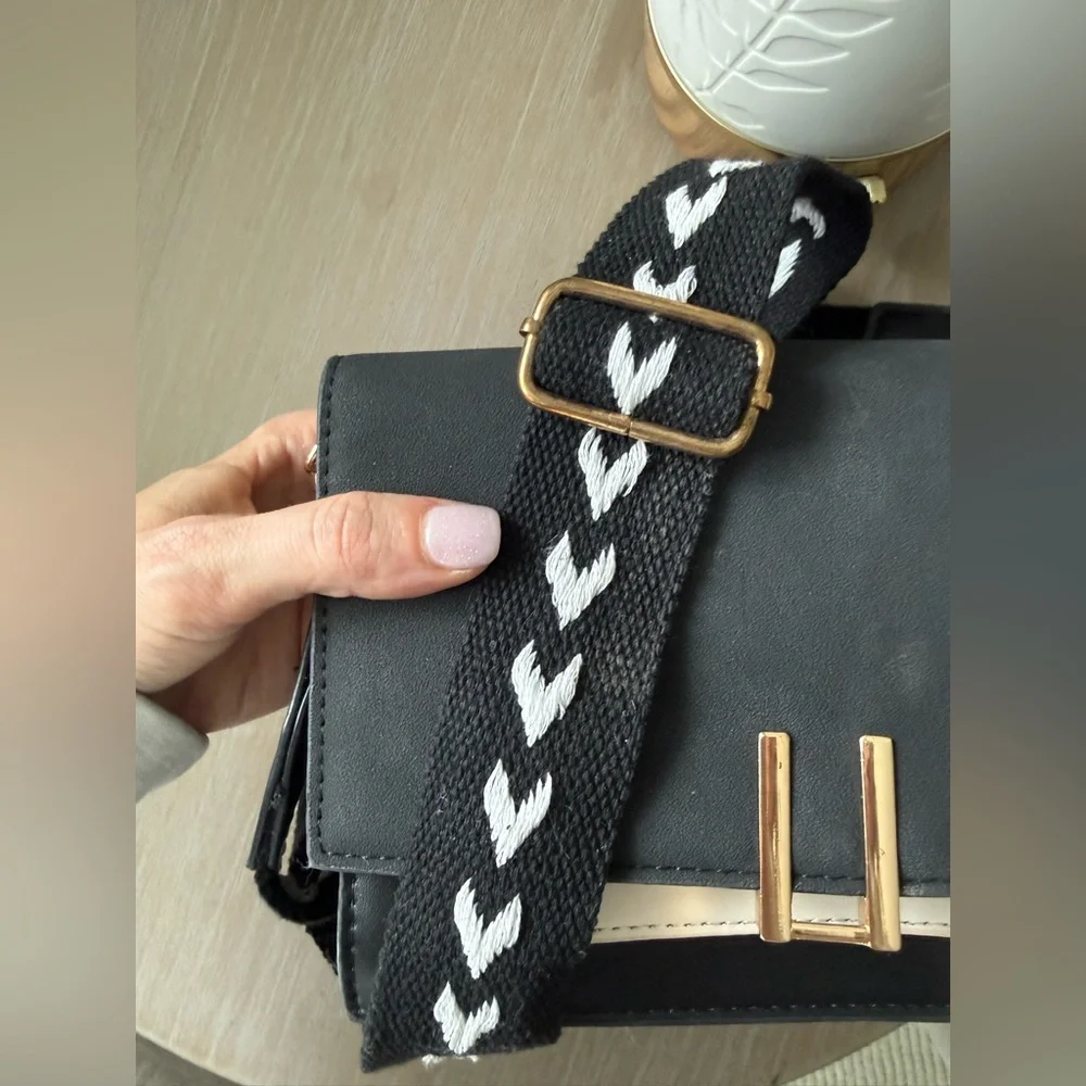 Black and White Crossbody Bag with Gold Accent - Picture 6 of 6